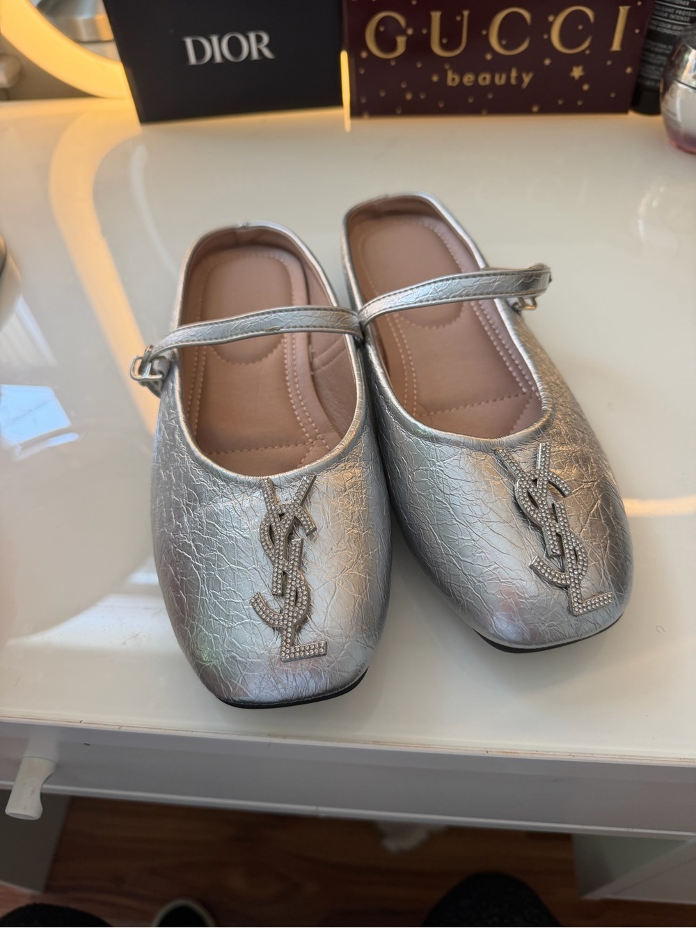 woman  Metallic Silver Mary Jane Flats with YSL Logo